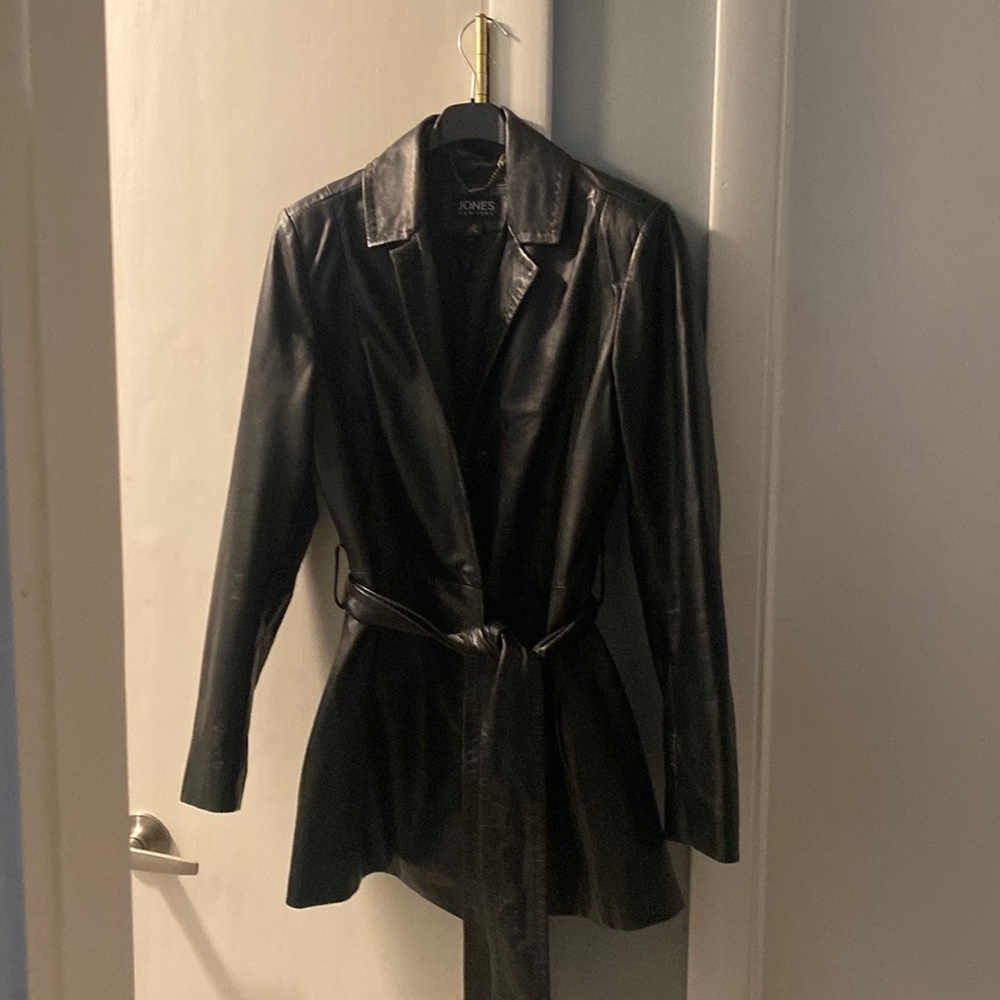 Black leather car coat length coat like new